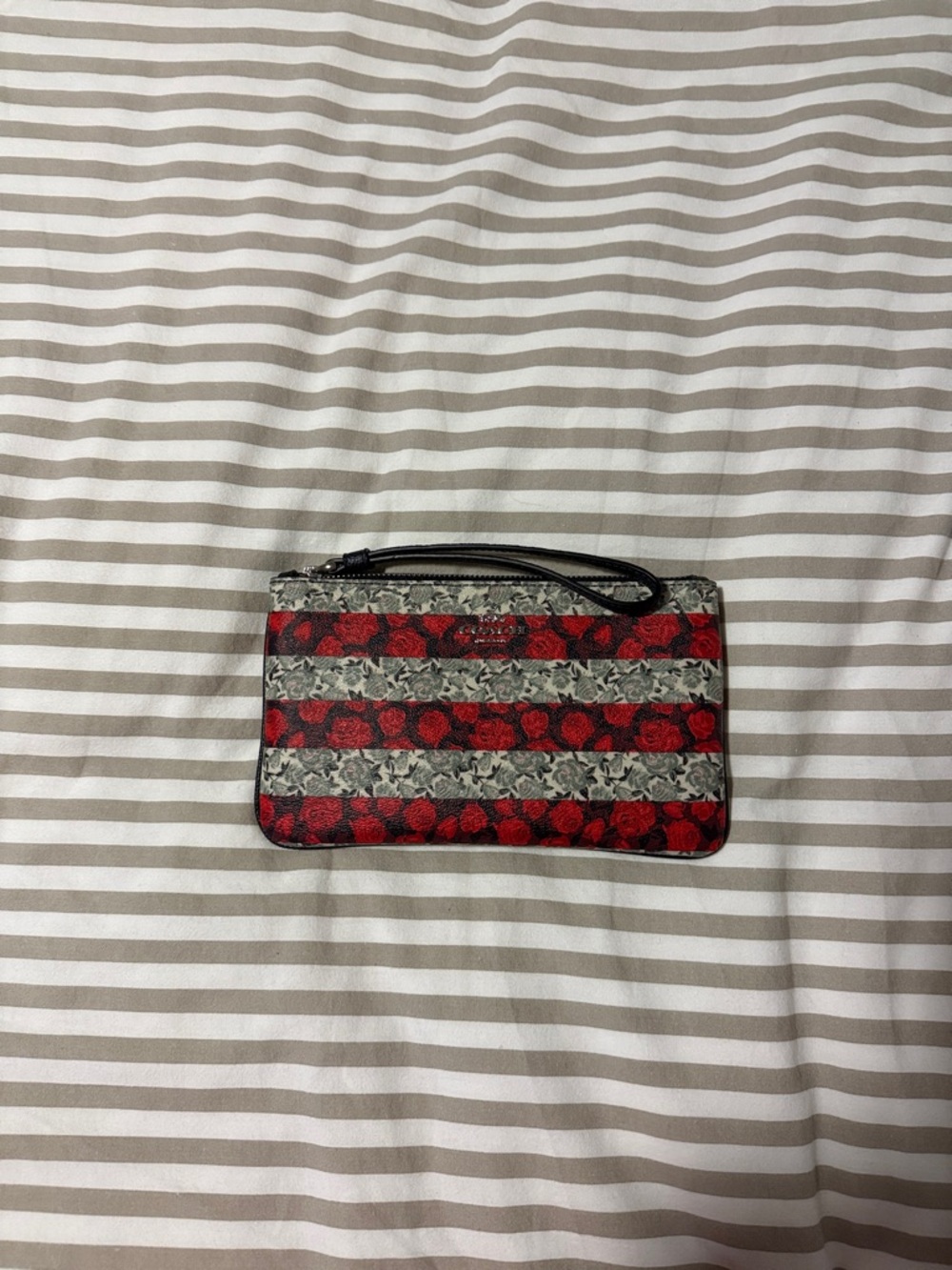 Coach Red and Gray Rose Stripe Wristlet